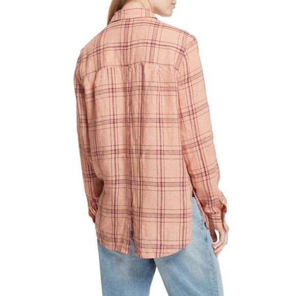 Women’s Free People No Limits Plaid Linen Shirt Button Down Peach Long Sleeve XS - Picture 2 of 8